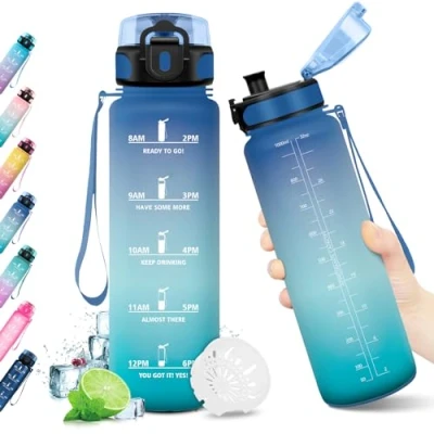 Abbildung von KollyKolla Trinkflasche 1L, Sport Kohlensäure Geeignet, Wasserflasche Auslaufsicher, Fahrrad mit Zeitmarkierung und Filter, für Kinder, Erwachsener, Büro, Sport, Fitness