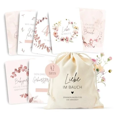Abbildung von MeinBaby123® Meilensteinkarten Schwangerschaft Meilenstein Karten Set Geschenk zur Fotokarten für die 42 Inkl. hochwertigem Baumwollsäckchen (rosa)