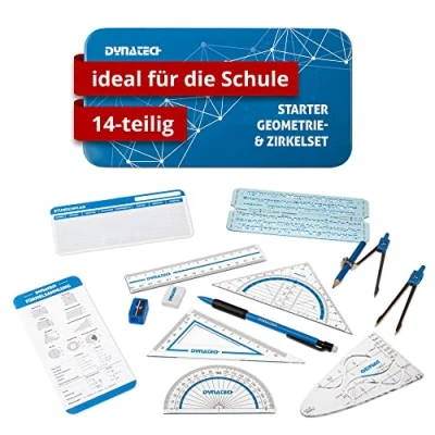 Abbildung von DynaTech Zirkel Set Geometrieset 14 Teilig Starterset für die Grundschule mit Zirkel, Geodreieck, Parabel, Bleistift, Lineal, Spitzer und Stundenplan in robuster Metallbox