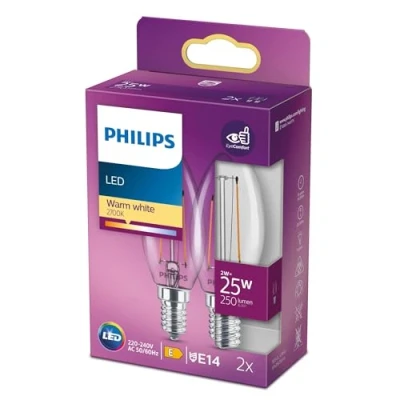 Abbildung von Philips LED Classic E14 Lampe, 25 W, Kerzenform, klar, warmweiß, Doppelpack