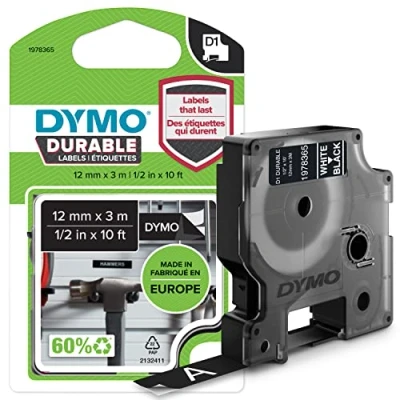Abbildung von DYMO Original D1 Hochleistungs Etikettenband, weiß auf schwarz, 12 mm x 3 m, permanent haftendes Vinyl Schriftband, für LabelManager Beschriftungsgerät