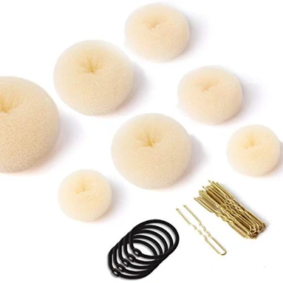 Abbildung von Donut Hair Bun Maker Set 7 Stück Frisurenhilfe mit 5 elastischen Haarband, 20 U Form Haarspange Haarnadel, Haarknoten Former für Kinder Mädchen Frauen (Beige)