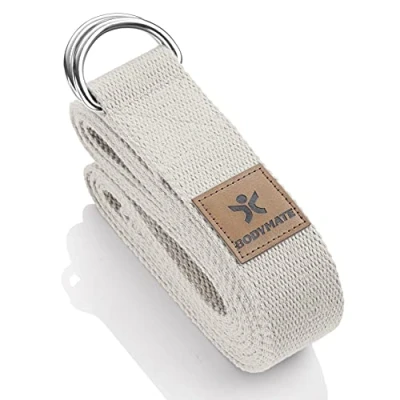 Abbildung von BODYMATE Yogagurt mit Verschluss aus Metall, Yoga Band für Anfänger und Fortgeschrittene, Schlaufe 100% Baumwolle, Strap 250cm lang 3,8 cm breit, Black