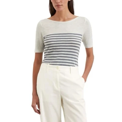 Abbildung von Marc O&#039;Polo Short Sleeve BOAT NECK Striped Tshirt print, Damen, Größe: Small, White/light blue