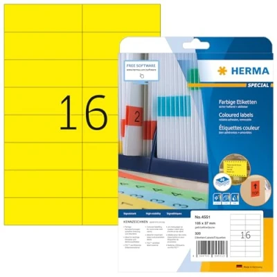 Abbildung von HERMA 4551 Farbige Etiketten gelb ablösbar, 20 Blatt, 105 x 37 mm, 16 pro A4 Bogen, 320 Stück, selbstklebend, bedruckbar, matt, blanko Papier Farbetiketten Aufkleber