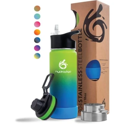 Abbildung von hydro2go ® Trinkflasche aus Edelstahl 530 ml / 0.5 Liter für Kinder, Schule, Sport, Fitness &amp; Outdoor Thermo Edelstahlflasche BPA frei + 3 Trinkverschlüsse 100% Auslaufsichere Thermoskanne