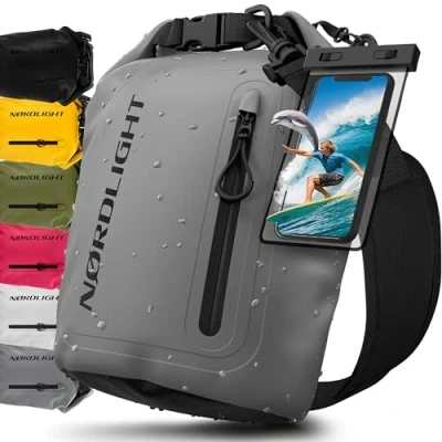 Abbildung von Nordlight Dry Bag wasserdichte Tasche mit Handyhülle + Roll Top, Schultergurt Drybag wasserfester Rucksack Beutel Packsack Seesack Wassersack Wetbag Baden Schwimmen Strand SUP Grau, 5 Liter