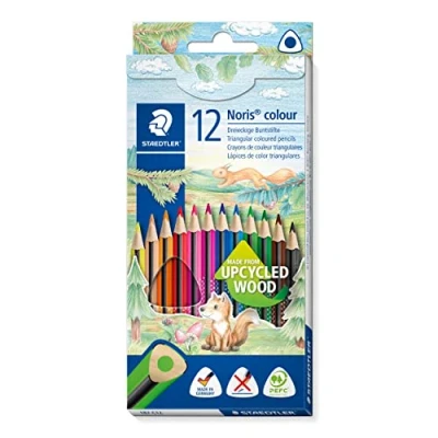 Abbildung von STAEDTLER Buntstifte Noris colour, ergonomisches Dreikantformat, rutschfeste Soft Oberfläche, hohe Bruchfestigkeit, Made form Upcycled Wood, 12 Farbstifte im Kartonetui, 187 C12