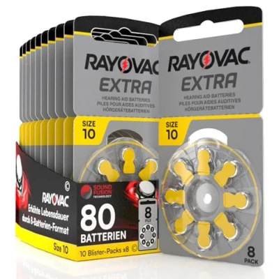 Abbildung von 80 Batterien für Hörgeräte Rayovac Extra Größe 10. 10 Blister mit 8