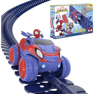 Abbildung von Smoby Toys Spidey FleXtreme Rennbahn Set (blau rot) flexible Kinder inkl. 184 Schienenteile (4,40 Meter), Rennauto &amp; Spinnennetz