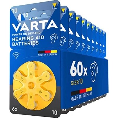Abbildung von VARTA Hörgerätebatterien Typ 10 gelb, Batterien 60 Stück Vorratspack, Power on Demand, wireless approved, Größe p für Hörgeräte &amp; Hörhilfen, Made in Germany