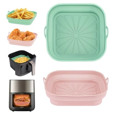 Abbildung von Alyvisun Silikonform für Heißluftfritteuse, 2 Stück Airfryer Silikon Backform Wiederverwendbar Silikoneinsatz Quadratisch Silikonmatte Pot Liner Air Fryer, Mikrowelle, Ofen(Rosa+Grün)