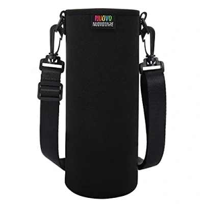 Abbildung von Nuovoware Trinkflaschenhalter, Premium Neopren Tragbare Isolierte Trinkflaschenhalter Tasche mit Verstellbarem Schultergurt, Edelstahl, Glas / Plastikflaschen, Großformat L Schwarz