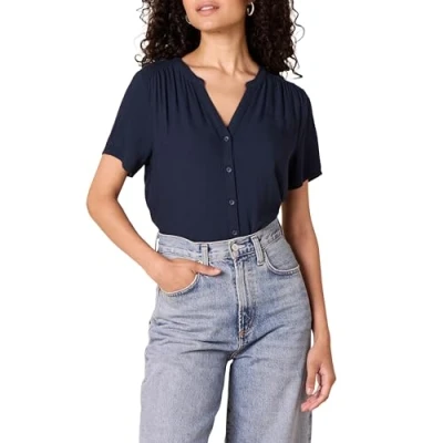 Abbildung von Amazon Essentials Damen Gewebte Kurzarmbluse, Marineblau, XS