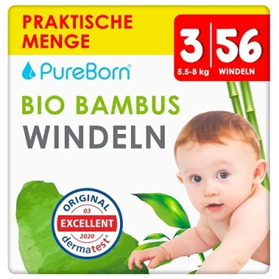 Abbildung von PureBorn Eco Bio Bambus Windeln, Größe 3 (5,5 8 kg), 56 Stück, Umweltfreundlich, Hypoallergen, Ultraweich, mit Nässeindikator, Diverser Aufdruck