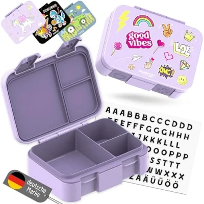 Abbildung von BEARFOOT Bento Box COMPACT BPA freie Kinder Brotdose für Schule &amp; Kindergarten Auslaufsichere Lunchbox Mädchen Jungen Praktisch, leicht kompakt (Sticker lila, 650ml)