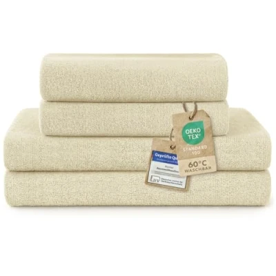 Abbildung von Blumtal Premium Frottier Handtücher Set mit Aufhängschlaufen Baumwolle Oeko TEX Zertifiziert, weich, saugstark 2X Badetuch (70x140 cm), Handtuch (50x100 Sand (Beige)