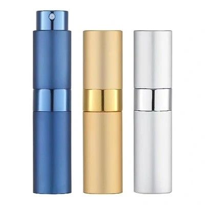 Abbildung von Toureal 8ML Parfum Zerstäuber Leer (3 Stück) Mini Spruehflasche, Parfüm Behälter, Parfümzerstäuber Nachfüllbar (Gold Silber Blau)