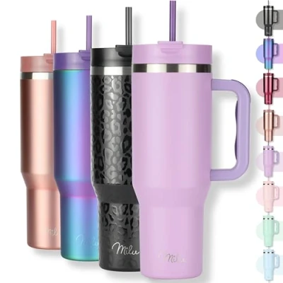 Abbildung von Milu Thermobecher 1200ml mit Strohhalm und Henkel 48h Eis/24h kalt/12h heiß Edelstahl Tumbler 40oz Griff Isolierbecher to go Isolierflasche Trinkflasche doppelwandig isoliert (Lilac, 1200ml)