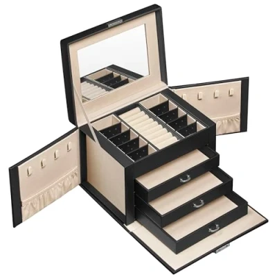 Abbildung von SONGMICS Schmuckkästchen 4 Ebenen, Schmuckkasten mit Griff, 3 Schubladen, Schmuckschatulle Spiegel, Schloss, Schmuckaufbewahrung, Weihnachten, intenschwarz Sandbeige JBC159B01