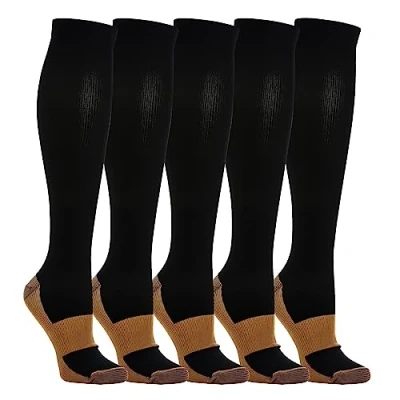 Abbildung von 5 Paar Kompressionsstrümpfe Kniestrümpfe Stützstrümpfe Laufsocken für Damen &amp; Herren, Sport, Laufen, Flug, Reisen, Schwangerschaft, Medizinische Kompressionssocken (Schwarz&amp;Braun, m)