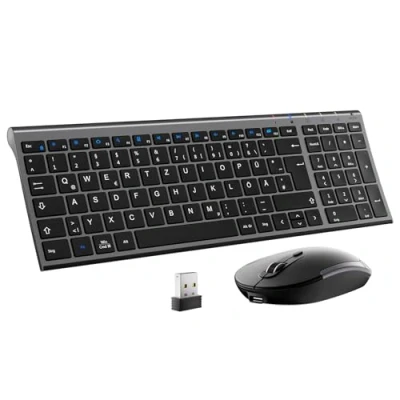 Abbildung von iClever GK03 2.4G Tastatur Maus Set Kabellos, Aluminium Wireless Slim QWERTZ Layout (Deutsch), für Computer/Desktop/PC/Laptop/Oberfläsche/Windows 10/8/7/Vista/XP (2.4GHz, USB)