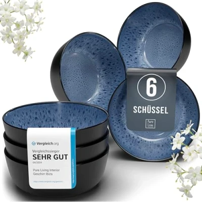 Abbildung von Steingut Müslischalen 6 Pers. Ibiza Hochwertiges Mediterranes TEST SEHR GUT Müsli Schüssel Set, spülmaschinen , mikrowellen und Kratzfest Kleine Schüsseln, Müslischale Pure Living in Tiefblau