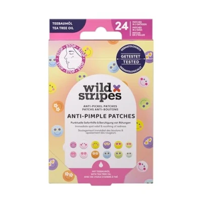 Abbildung von Wild Stripes Anti Pimple Patches Smile Stop Farbige Hydrokolloid Pickelpflaster mit Teebaumöl für schnelle und effektive Pflege Pickel Mitesser Hautpflege unreine Haut 24 Stk