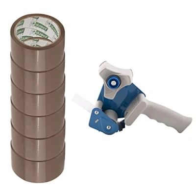 Abbildung von D.RECT Klebeband Handabroller mit 6 braunen Paketklebeband Rollen 50m x 48mm hochwertiger robuster für Klebebänder bis zu 50 mm Breite inklusive Packband, Braun