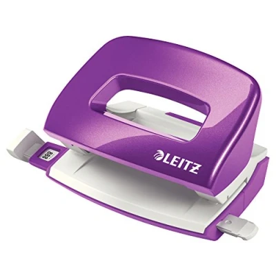Abbildung von Leitz Mini Locher aus Metall, kleiner für 10 Blatt, Anschlagschiene mit Formatangaben, Ergonomisches Design, violett, WOW Serie, 50601062