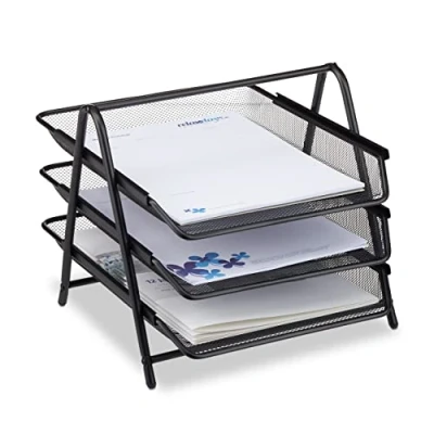Abbildung von Relaxdays Dokumentenablage aus Metall, Briefablage 3 Fächer, Mesh Design Schreibtischablage für A4 Dokument, schwarz, 35.5 x 29.5 27 cm