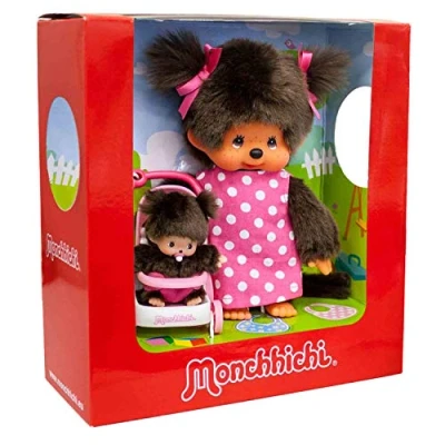 Abbildung von Sekiguchi 254930 Original Monchhichi Mutter mit Kind im Kinderwagen, Plüschfigur Pünktchenkleid und zwei Zöpfen pinker Schleife, ca. 20 cm großes Kuscheltier aus braunem Plüsch