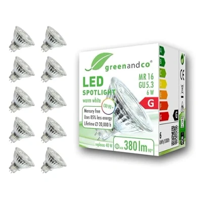 Abbildung von greenandco 10x CRI 90+ MR16 GU5.3 LED Spot, 6W 380 lm 36 3000K warmweiß 12V AC/DC, nicht dimmbar