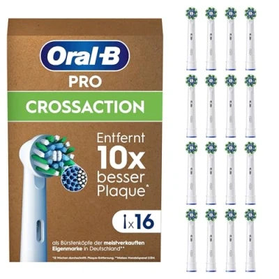 Abbildung von Oral B Pro CrossAction Aufsteckbürsten für elektrische Zahnbürste, 16 Stück, überlegene Zahnreinigung, X Borsten, Original Zahnbürstenaufsatz, briefkastenfähige Verpackung, Made in Germany