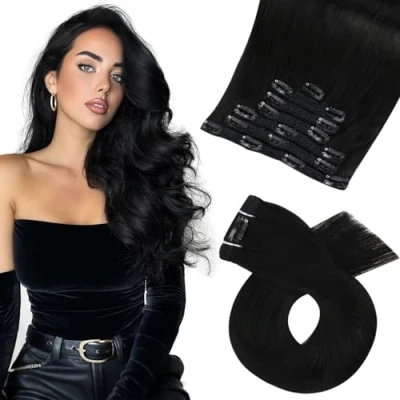 Abbildung von Moresoo Clip in Extensions Echthaar Remy Haarextension Doppelt Tressen Schwarz #1 Haarverlängerung 7 120g 60cm