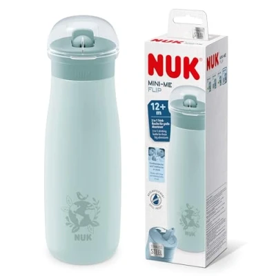 Abbildung von NUK Mini Me Flip mit Strohhalm für Kleinkinder ab 12 Monate 500 ml Edelstahl Wasserflasche Kinder auslaufsichere stabile Trinköffnung bruchsicher blauer Globus