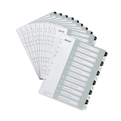 Abbildung von Leitz Register für A4, 10er Pack, PC beschriftbares Deckblatt und 12 Trennblätter, Taben mit Zahlenaufdruck 1 12, Überbreite, Weiß/Schwarz, Polypropylen, WOW, 12160000