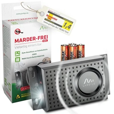 Abbildung von GARDIGO® Marderschreck Marder Frei Dual mit Batterien Mobile Marderabwehr für KFZ, Haus, Dachboden, Garage Schall und Blitzlicht Anschluss an 12V Autobatterie oder Batteriebetrieb möglich