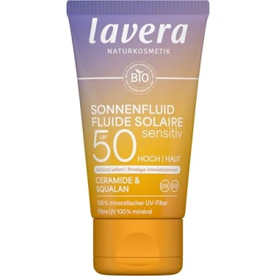 Abbildung von lavera Sonnenlotion Sensitiv LSF 50 Sonnencreme für Gesicht und Dekollete ohne chemische UV Filter sensible Haut vegan Naturkosmetik 40 ml