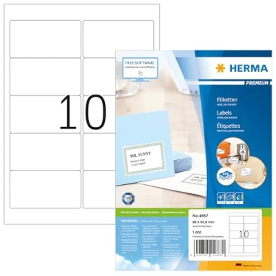 Abbildung von HERMA 4667 Universal Etiketten, 100 Blatt, 96 x 50,8 mm, 10 pro A4 Bogen, 1000 Stück, selbstklebend, bedruckbar, matt, blanko Papier Klebeetiketten Aufkleber, weiß