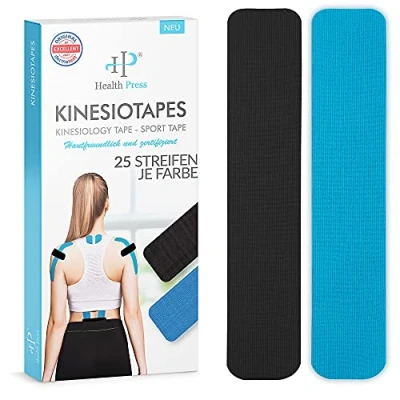 Abbildung von Health Press® Kinesiotapes 50 Kinesiologie Tape Streifen Precut Blau + Schwarz (25cm x 5cm) Kinesiotape Profi Physio und Sporttape Hautfreundliche Tapes DERMATEST: SEHR GUT