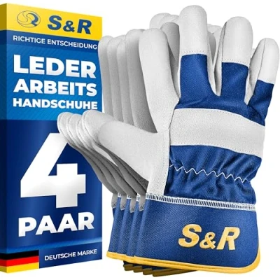 Abbildung von S&amp;R Leder Arbeitshandschuhe Set, 4 Paar, Größe XL/10, abriebfeste Sicherheitshandschuhe für Baustellen, Forstarbeiten, Garten, Handwerk