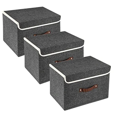 Abbildung von TYEERS Faltbare Aufbewahrungsbox mit Deckel, Stoff, Waschbare, Kisten Aufbewahrung 38x25x25 cm, 3 Stück, Schwarz