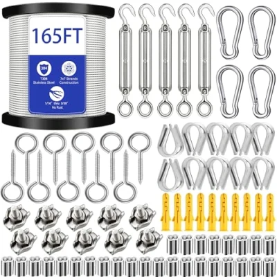 Abbildung von GZFTMKOBNS 50M Drahtseil Edelstahl,Stahlseil Kit, Stahlseil mit ösen,Stahlseil Ummantelt, M5 Spannschlösser für Kabeldraht, Spanndraht
