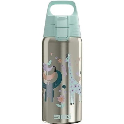 Abbildung von SIGG Isolierte Trinkflasche Kinder Shield Therm One Jungle Kohlensäuregeeignet Auslaufsicher Spülmaschinenfest BPA frei 90% recycelter Edelstahl Brushed &amp; Hellblau mit Tieren 0,5L