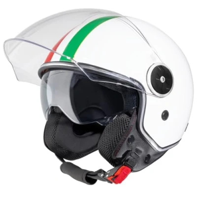 Abbildung von VINZ Neiva Jethelm mit Doppelvisier Roller Helm Italienische Flagge &amp; Sonnenblende In Gr. XS XXL ECE 22.06 Zertifiziert Motorradhelm Visier Viele Farben Erhältlich Weiß