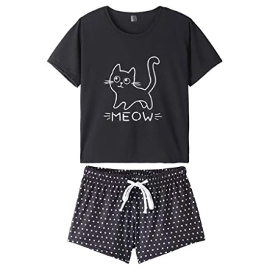 Abbildung von MyFav Damen Pyjamas Schlafanzug Bequem Stilvoll Katze Cartoon gedruckt Nachtwäsche, Schwarz, Small