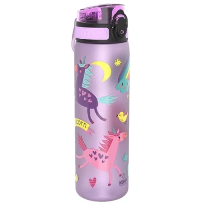 Abbildung von Ion8 Trinkflasche, 600 ml, Auslaufsicher, Einhandöffnung, Sichere Verriegelung, Spülmaschinenfest, BPA frei, Tragegriff, Klappdeckel, Leicht zu Reinigen, Klimaneutral, Einhorner Design