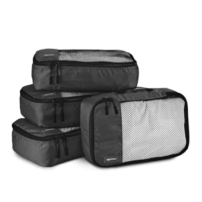 Abbildung von Amazon Basics Packwürfel Set für Koffer, Reise Organizer, Reißverschluss, 4Stück, Klein, Schwarz