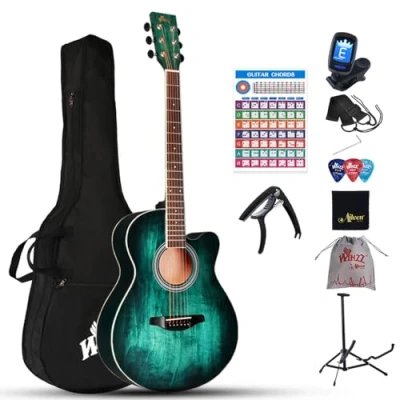 Abbildung von Winzz Akustikgitarre Blau grün, Westerngitarre 40 Zoll, Gitarre Anfänger Set mit Gitarrenständer, Gitarren Plektrum, Gitarrengurt, Gitarrenstimmgerät, Gitarrentasche